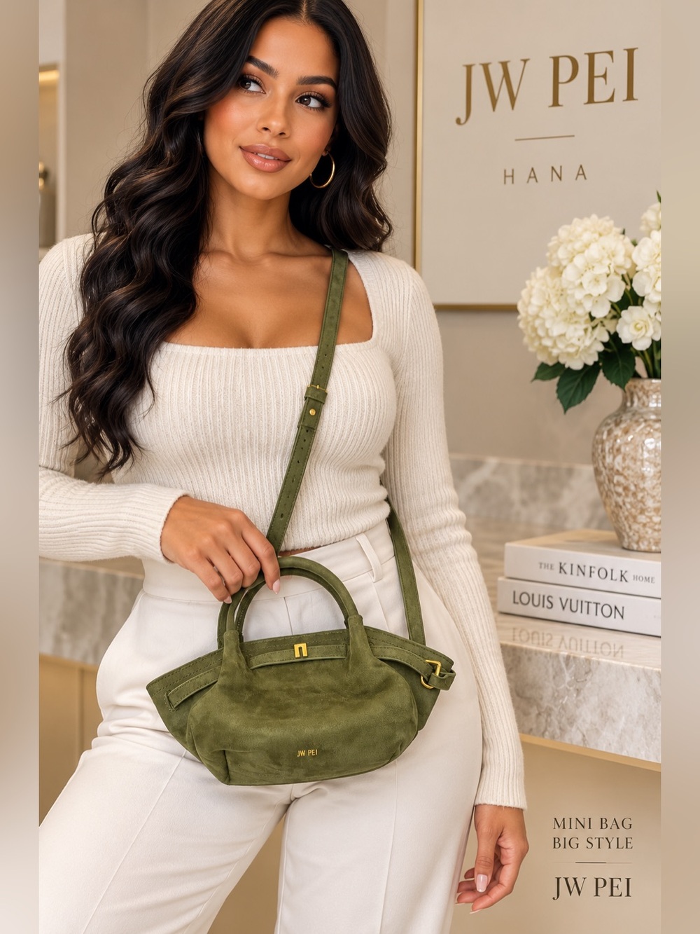 JW PEI Hana Olive Green Mini Suede Crossbody Satchel Bag